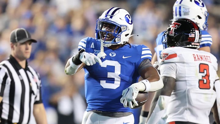 Oct 21, 2023; Provo, Utah, USA; Brigham Young Cougars running back Aidan Robbins (3) reacts to a play against the Texas Tech Red Raiders in the second half at LaVell Edwards Stadium.