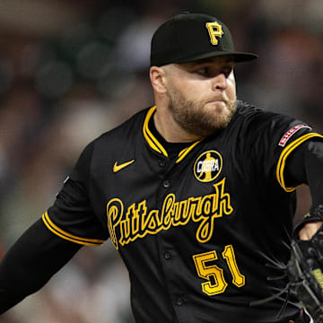 Jul 28, 2025; San Francisco, California, USA; Pittsburgh Pirates pitcher David Bednar (51) delivers a pitch against the San Francisco Giants during the ninth inning at Oracle Park. Mandatory Credit: D. Ross Cameron-Imagn Images