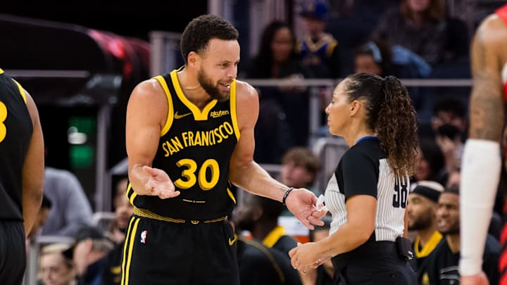 Golden State Warriors guard Stephen Curry argues with an official on Dec 23, 2023. Golden State Warriors guard Stephen Curry argues with an official on Dec 23, 2023.