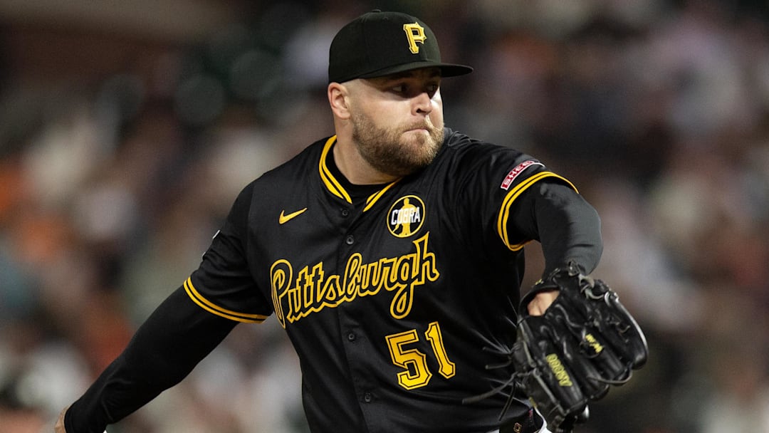 Jul 28, 2025; San Francisco, California, USA; Pittsburgh Pirates pitcher David Bednar (51) delivers a pitch against the San Francisco Giants during the ninth inning at Oracle Park.