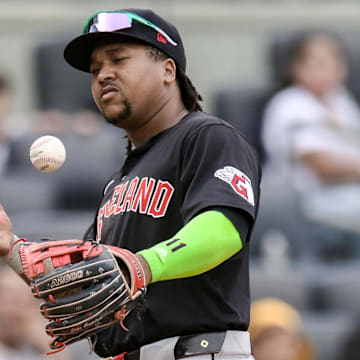 Aug 22, 2024; Bronx, New York, USA; Cleveland Guardians third baseman Jose Ramirez (11) reacts during the eighth inning against the New York Yankees at Yankee Stadium. Mandatory Credit: John Jones-Imagn Images