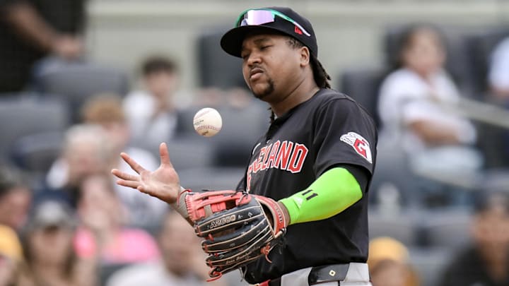 Aug 22, 2024; Bronx, New York, USA; Cleveland Guardians third baseman Jose Ramirez (11) reacts during the eighth inning against the New York Yankees at Yankee Stadium. Mandatory Credit: John Jones-Imagn Images