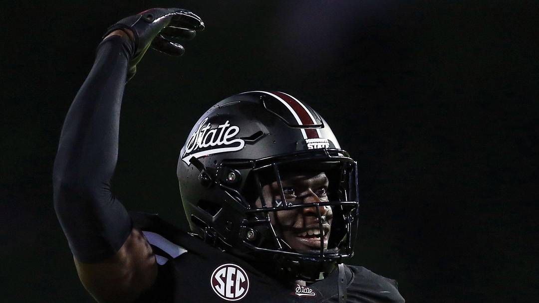 Sep 6, 2025; Starkville, Mississippi, USA; Mississippi State Bulldogs defensive back Kelley Jones (1) reacts during the second quarter against the Arizona State Sun Devils at Davis Wade Stadium at Scott Field. Mandatory Credit: Petre Thomas-Imagn Images