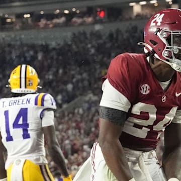 Nov 8, 2025; Tuscaloosa, Alabama, USA;  Alabama linebacker Noah Carter (24) celebrates a tackle near the LSU goal line at Saban Field at Bryant-Denny Stadium. Alabama defeated LSU 20-9. Mandatory Credit: Gary Cosby Jr.-Imagn Images