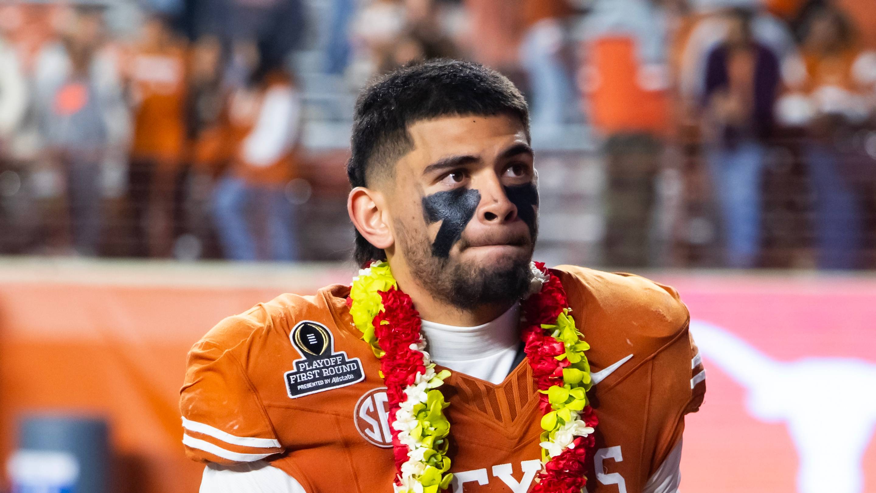 Dec 21, 2024; Austin, Texas, USA; Texas Longhorns linebacker Liona Lefau (18) against the Clemson Tigers during the CFP National playoff first round at Darrell K Royal-Texas Memorial Stadium.
