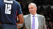 Jan. 14, 2012; South Bend, IN, USA; Connecticut Huskies head coach Jim Calhoun talks to center Andre Drummond (12) during a timeout in the second half against the Notre Dame Fighting Irish at the Purcell Pavilion. Connecticut won 67-53. Mandatory Credit: Matt Cashore-Imagn Images