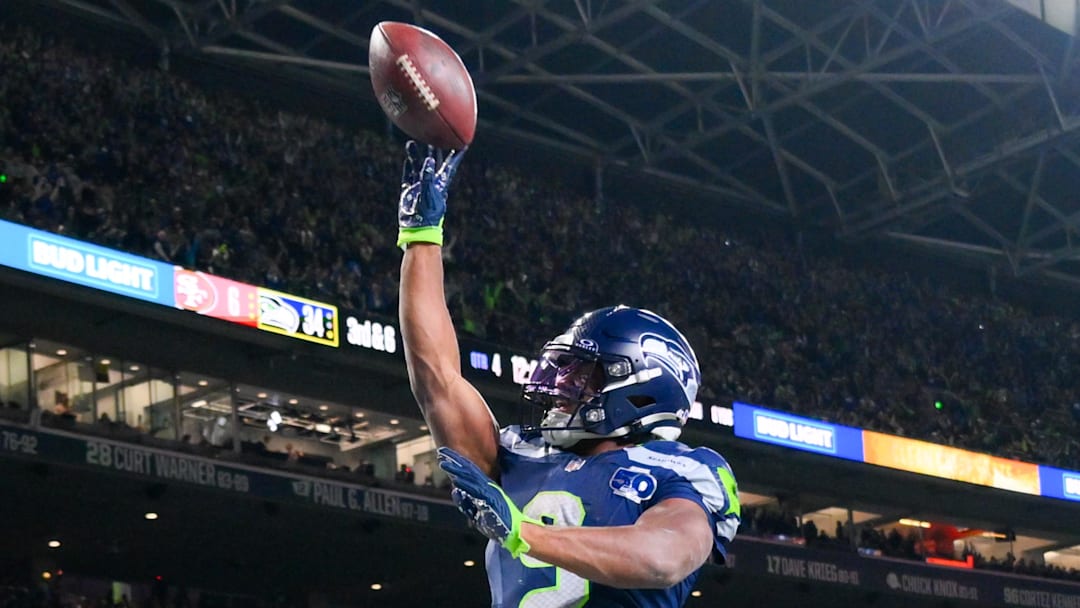 Jan 17, 2026; Seattle, WA, USA; Seattle Seahawks running back Kenneth Walker III (9) reacts after scoring a touchdown against the San Francisco 49ers during the second half in an NFC Divisional Round game at Lumen Field. Mandatory Credit: Steven Bisig-Imagn Images Jan 17, 2026; Seattle, WA, USA; Seattle Seahawks running back Kenneth Walker III (9) reacts after scoring a touchdown against the San Francisco 49ers during the second half in an NFC Divisional Round game at Lumen Field. Mandatory Credit: Steven Bisig-Imagn Images
