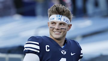 Nov. 21, 2020; Provo, UT, USA; BYU quarterback Zach Wilson (1) reacts after their win against North Alabama in an NCAA college football game Saturday, Nov. 21, 2020, in Provo, Utah.