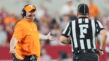 Tennessee coach Josh Heupel talks with an official during a college football game at Bryant-Denny Stadium in Tuscaloosa, Ala., on Oct. 18, 2025.