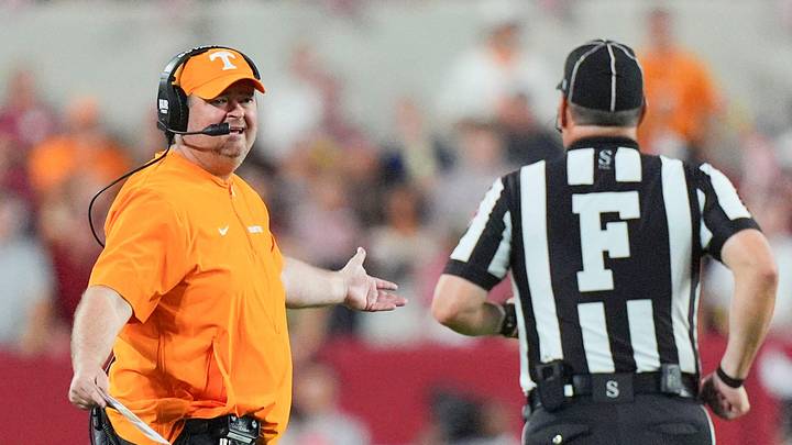 Tennessee coach Josh Heupel talks with an official during a college football game at Bryant-Denny Stadium in Tuscaloosa, Ala., on Oct. 18, 2025.