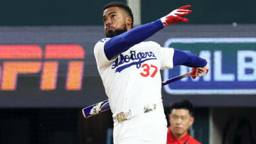 Jul 15, 2024; Arlington, TX, USA; National League outfielder Teoscar Hernandez of the Los Angeles Dodgers (37) competes during the 2024 Home Run Derby at Globe Life Field. Mandatory Credit: Kevin Jairaj-USA TODAY Sports