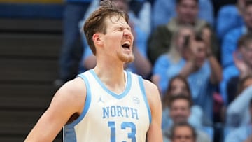 Dec 7, 2025; Chapel Hill, North Carolina, USA; North Carolina Tar Heels center Henri Veesaar (13) reacts after scoring in the first half at Dean E. Smith Center. Mandatory Credit: Bob Donnan-Imagn Images
