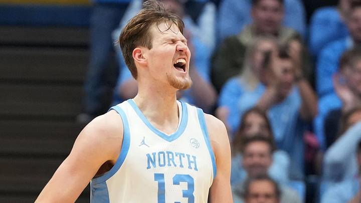 Dec 7, 2025; Chapel Hill, North Carolina, USA; North Carolina Tar Heels center Henri Veesaar (13) reacts after scoring in the first half at Dean E. Smith Center. Mandatory Credit: Bob Donnan-Imagn Images