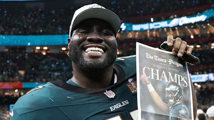 Feb 9, 2025; New Orleans, LA, USA; Philadelphia Eagles offensive tackle Mekhi Becton (77) celebrates on the field after Super Bowl LIX against the Kansas City Chiefs at Caesars Superdome. Mandatory Credit: Geoff Burke-Imagn Images