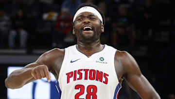 Nov 3, 2025; Memphis, Tennessee, USA; Detroit Pistons forward Isaiah Stewart (28) reacts during a timeout during the third quarter against the Memphis Grizzlies at FedExForum. Mandatory Credit: Petre Thomas-Imagn Images