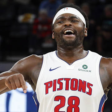 Nov 3, 2025; Memphis, Tennessee, USA; Detroit Pistons forward Isaiah Stewart (28) reacts during a timeout during the third quarter against the Memphis Grizzlies at FedExForum. Mandatory Credit: Petre Thomas-Imagn Images