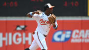 Jul 14, 2024; Baltimore, Maryland, USA;  Baltimore Orioles second base Jorge Mateo (3) throws to first base during the fifth inning against the New York Yankees at Oriole Park at Camden Yards.