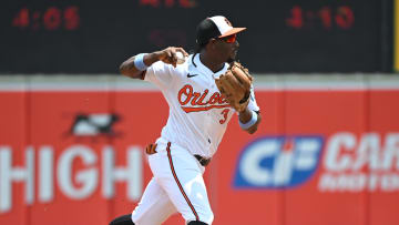 Jul 14, 2024; Baltimore, Maryland, USA;  Baltimore Orioles second base Jorge Mateo (3) throws to first base during the fifth inning against the New York Yankees at Oriole Park at Camden Yards.