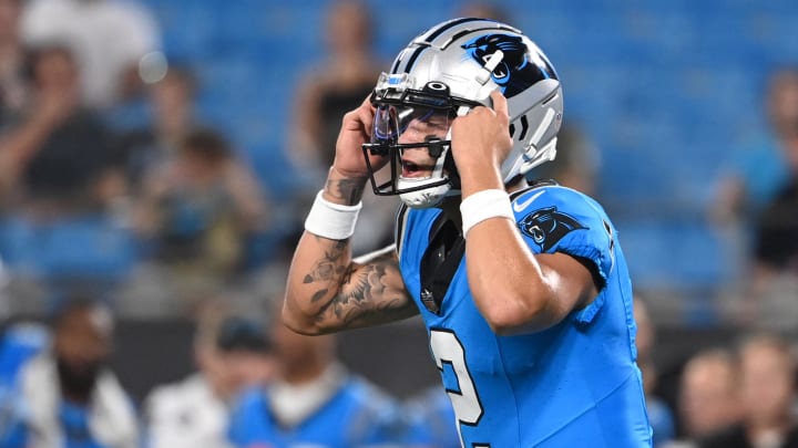 Aug 25, 2023; Charlotte, North Carolina, USA; Carolina Panthers quarterback Matt Corral (2) on the field in the fourth quarter at Bank of America Stadium.