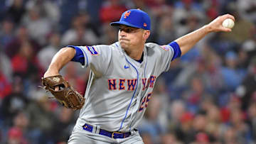 Sep 22, 2023; Philadelphia, Pennsylvania, USA; New York Mets relief pitcher Brooks Raley (25) throws a pitch during the ninth inning against the Philadelphia Phillies at Citizens Bank Park.