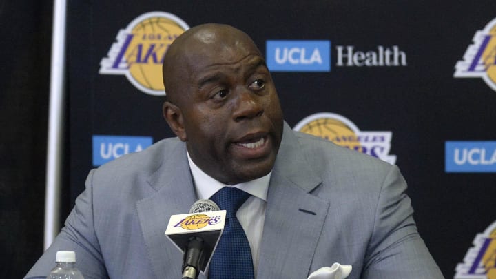 June 23, 2017; Los Angeles, CA, USA;  Los Angeles Lakers president of basketball operations Magic Johnson speaks to media before introducing newly drafted player Lonzo Ball at Toyota Sports Center. Mandatory Credit: Gary A. Vasquez-USA TODAY Sports