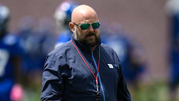 May 10, 2025; East Rutherford, NJ, USA; New York Giants head coach Brian Daboll looks on during rookie minicamp at Quest Diagnostics Training Center. Mandatory Credit: John Jones-Imagn Images