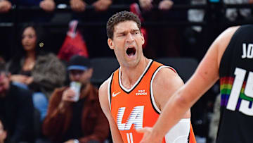 Los Angeles Clippers center Brook Lopez reacts after being charged with a foul against Denver Nuggets center Nikola Jokic during the first half at Intuit Dome on November 12.