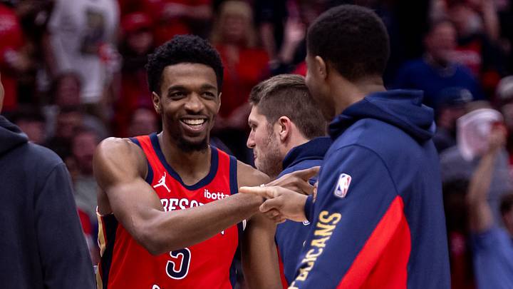 Apr 19, 2024; New Orleans, Louisiana, USA;  New Orleans Pelicans forward Herbert Jones (5) reacts to making a three point basket against the Sacramento Kings in the second half during a play-in game of the 2024 NBA playoffs at Smoothie King Center. Mandatory Credit: Stephen Lew-USA TODAY Sports