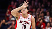 Nov 11, 2025; Tucson, Arizona, USA;  Arizona Wildcats forward Koa Peat (10) scores a three pointer during the first half of the game against the Northern Arizona Lumberjacks at McKale Memorial Center. Mandatory Credit: Aryanna Frank-Imagn Images