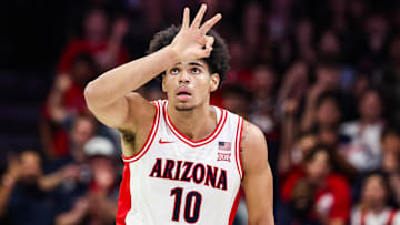 Nov 11, 2025; Tucson, Arizona, USA;  Arizona Wildcats forward Koa Peat (10) scores a three pointer during the first half of the game against the Northern Arizona Lumberjacks at McKale Memorial Center. Mandatory Credit: Aryanna Frank-Imagn Images