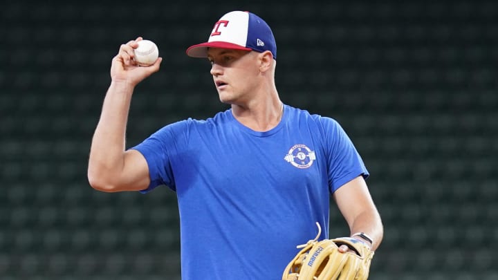 Jul 3, 2024; Arlington, Texas, USA; Texas Rangers third baseman Josh Jung during team warmups before the game against the San Diego Padres at Globe Life Field. Mandatory Credit: Jim Cowsert-USA TODAY Sports