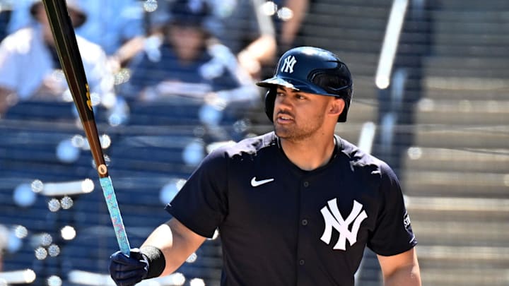 New York Yankees left fielder Jasson Dominguez (24) bats in the first inning against the St. Louis Cardinals during spring training at George M. Steinbrenner Field in 2025.