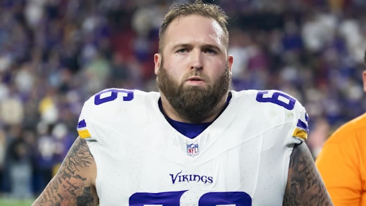 Jan 13, 2025; Glendale, AZ, USA; Minnesota Vikings guard Dalton Risner (66) against the Los Angeles Rams during an NFC wild card game at State Farm Stadium. Mandatory Credit: Mark J. Rebilas-Imagn Images