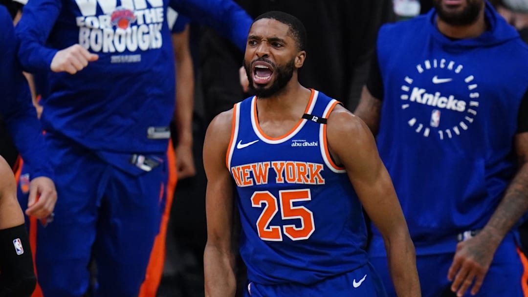 May 5, 2025; Boston, Massachusetts, USA; New York Knicks forward Mikal Bridges (25) reacts after stripping the ball from Boston Celtics guard Jaylen Brown (7) (not pictured) winning the game in overtime during game one of the second round for the 2025 NBA Playoffs at TD Garden. Mandatory Credit: David Butler II-Imagn Images