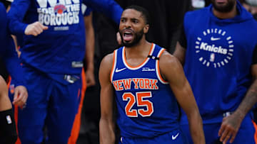 May 5, 2025; Boston, Massachusetts, USA; New York Knicks forward Mikal Bridges (25) reacts after stripping the ball from Boston Celtics guard Jaylen Brown (7) (not pictured) winning the game in overtime during game one of the second round for the 2025 NBA Playoffs at TD Garden. Mandatory Credit: David Butler II-Imagn Images