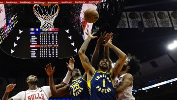 Mar 27, 2024; Chicago, Illinois, USA; Indiana Pacers forward Obi Toppin (1) forward Jalen Smith (25)