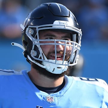 Oct 24, 2021; Nashville, Tennessee, USA; Tennessee Titans guard Corey Levin (61) against the Kansas City Chiefs at Nissan Stadium. Mandatory Credit: Christopher Hanewinckel-Imagn Images