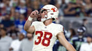 Sep 25, 2025; Glendale, Arizona, USA; Arizona Cardinals kicker Chad Ryland (38) against the Seattle Seahawks at State Farm Stadium. Mandatory Credit: Mark J. Rebilas-Imagn Images