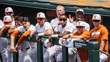 The Texas dugout watch the fifth inning as the the Longhorns take on the Florida Gators, May 10, 2025.