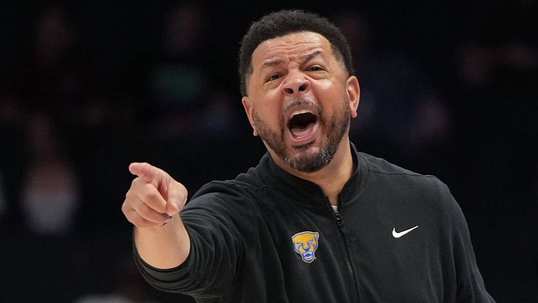 Mar 10, 2026; Charlotte, NC, USA; Pittsburgh Panthers head coach Jeff Capel III reacts in the first half at Spectrum Center. Mandatory Credit: Bob Donnan-Imagn Images