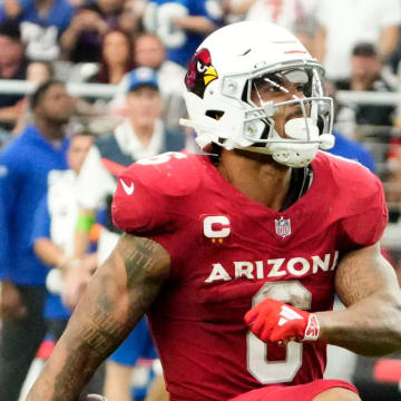 Sep 17, 2023; Glendale, AZ, USA; Arizona Cardinals running back James Conner (6) reacts after making a first down against the New York Giants in the first half at State Farm Stadium. Mandatory Credit: Rob Schumacher-Arizona Republic