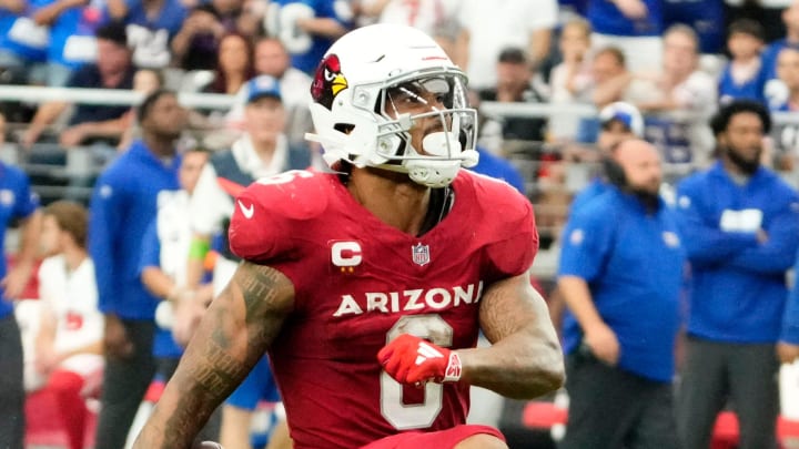 Sep 17, 2023; Glendale, AZ, USA; Arizona Cardinals running back James Conner (6) reacts after making a first down against the New York Giants in the first half at State Farm Stadium. Mandatory Credit: Rob Schumacher-Arizona Republic