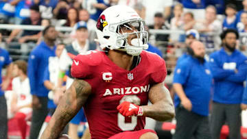 Sep 17, 2023; Glendale, AZ, USA; Arizona Cardinals running back James Conner (6) reacts after making