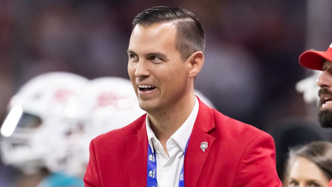 Dec 26, 2025; Phoenix, AZ, USA; New Mexico Lobos athletic director Fernando Lovo against the Minnesota Golden Gophers during the Rate Bowl at Chase Field. Mandatory Credit: Mark J. Rebilas-Imagn Images