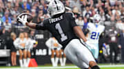 Nov 17, 2025; Paradise, Nevada, USA; Las Vegas Raiders wide receiver Tre Tucker (1) is unable to make the reception in the end zone against the Dallas Cowboys during the first half at Allegiant Stadium. Mandatory Credit: Stephen R. Sylvanie-Imagn Images