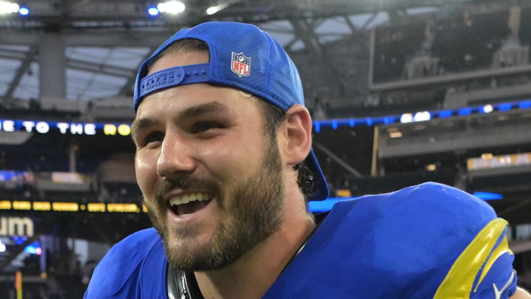 Jan 4, 2026; Inglewood, California, USA;  Los Angeles Rams tight end Colby Parkinson (84) leaves the field following a game against the Arizona Cardinals at SoFi Stadium. Mandatory Credit: Jayne Kamin-Oncea-Imagn Images