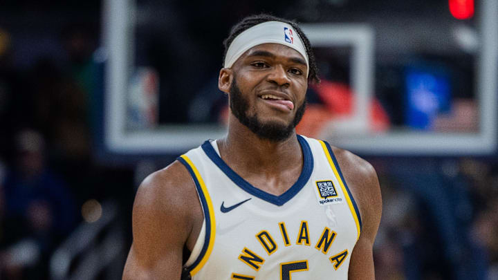 Indiana Pacers forward Jarace Walker (5) celebrates a made basket in the second half against the Orlando Magic at Gainbridge Fieldhouse.