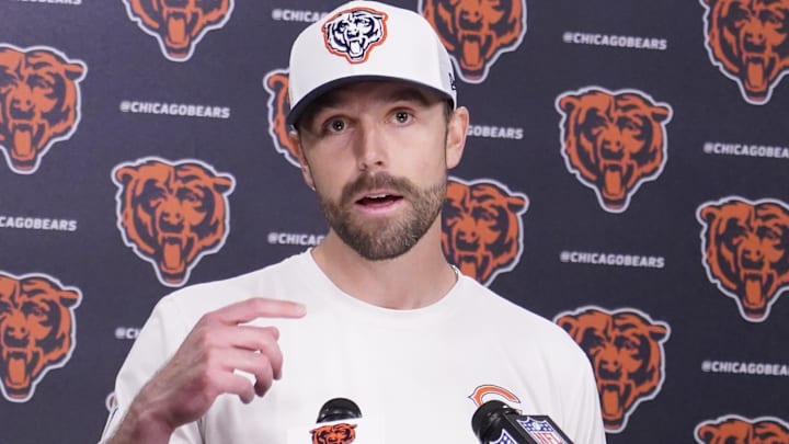 May 10, 2025; Lake Forest, IL, USA; Chicago Bears offensive coordinator Declan Doyle answers questions after rookie minicamp at Halas Hall. Mandatory Credit: David Banks-Imagn Images
