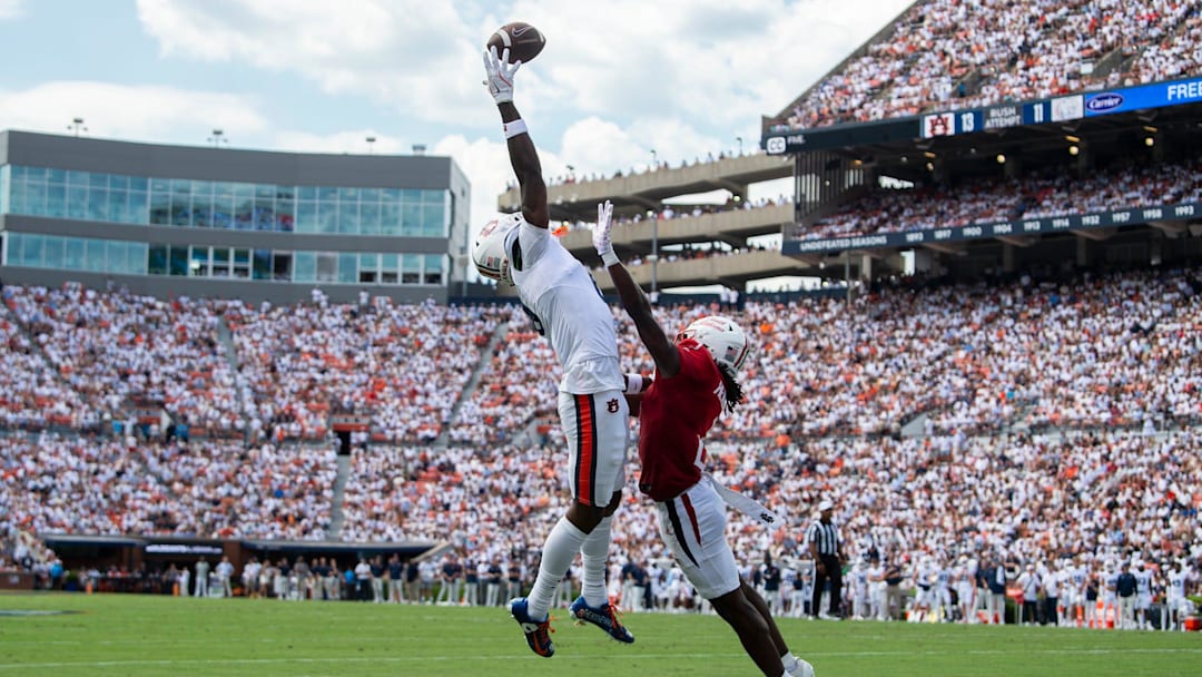 Auburn Tigers wide receiver Cam Coleman (8) drops a touchdown pass as Auburn Tigers take on South Alabama Jaguars at Jordan-Hare Stadium in Auburn, Ala. on Saturday, Sept. 13, 2025. Auburn Tigers lead South Alabama Jaguars 28-9 at halftime.