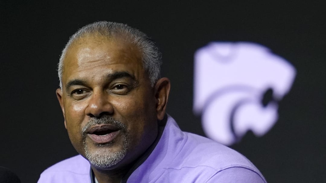 Oct 23, 2024; Kansas City, MO, USA; Kansas State Wildcats head coach Jerome Tang talks to media during the Big 12 Men’s Basketball Media Day at T-Mobile Center. Mandatory Credit: Jay Biggerstaff-Imagn Images